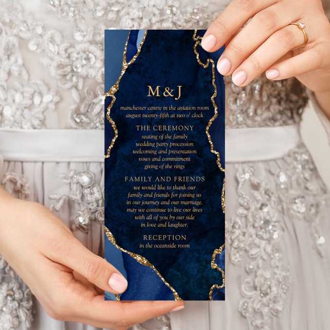Navy Marmor & Guld Agat Bröllopsprogram Reklamkort (Skapare uppladdad)