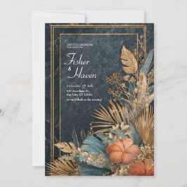 Navy Marmor Guld Teal Tropisk Hibiskus Bröllop Inbjudningar