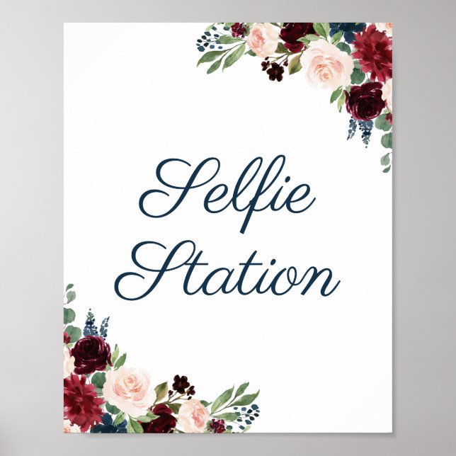 Navy Marsala Blommig Bröllops Selfie Station Skylt (Framsidan)