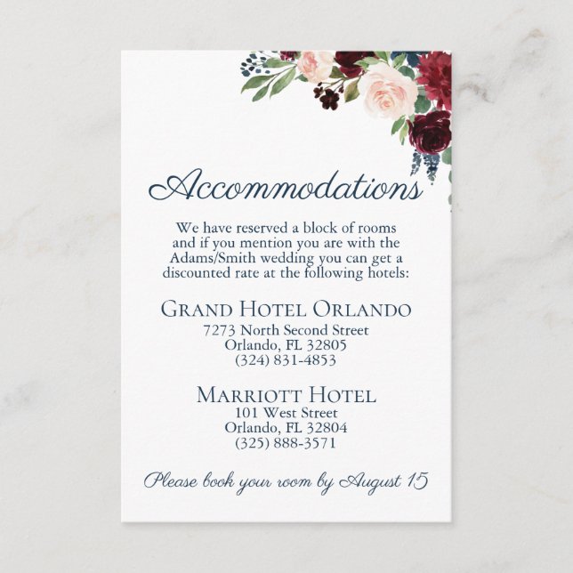 Navy Marsala Blommiga Bröllopsplatskort Tilläggskort (Framsida)