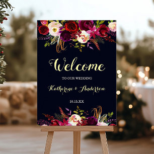 Navy Marsala Rustic Boho Blommigt Välkommen Bröllo Poster