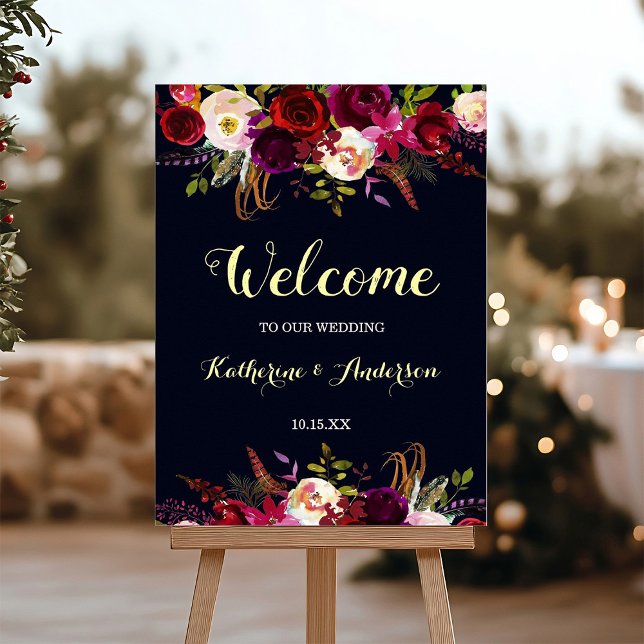 Navy Marsala Rustic Boho Blommigt Välkommen Bröllo Poster (Skapare uppladdad)