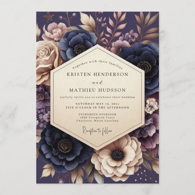 Navy & Mauve Somber Floral Wedding Inbjudningar (Framsida)