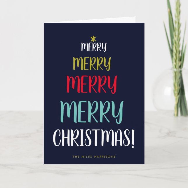 Navy Merry Tree Typografisk Foto Vikad Helgkort (Framsida)