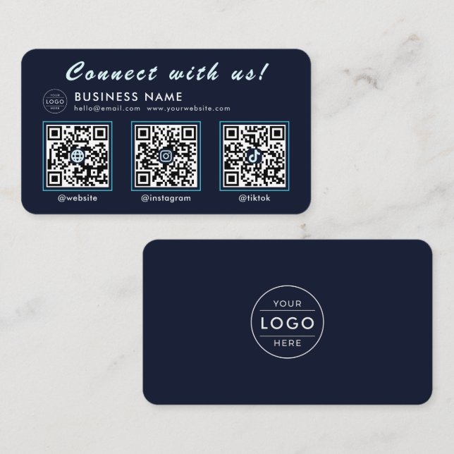 Navy Midnight Blue 3 QR-kod Multi Social Visitkort (Fram/baksida)