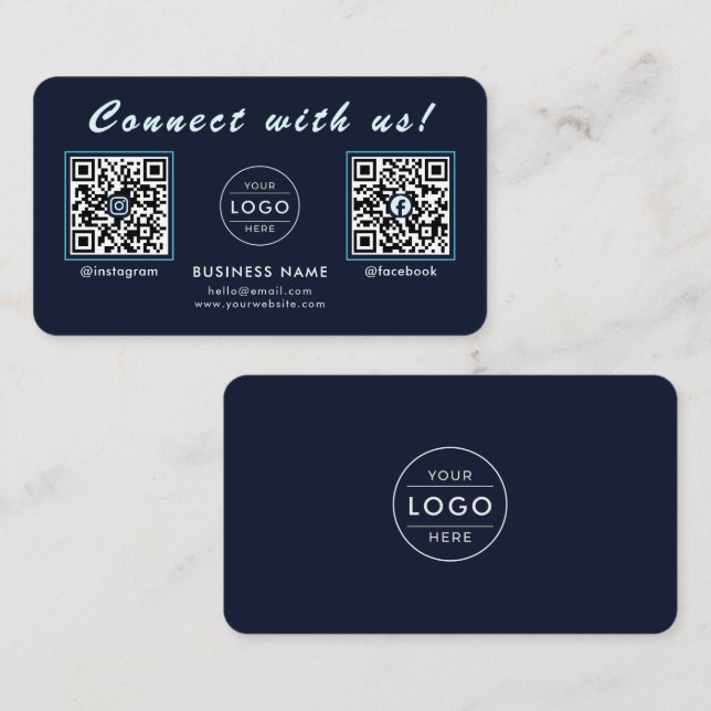 Navy Midnight Blue Dubbel QR-kod Multi Social Visitkort (Fram/baksida)