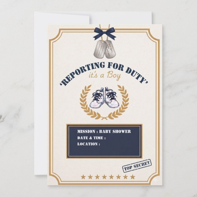 Navy Militärisk Pojke Baby Shower Inbjudan (Framsida)