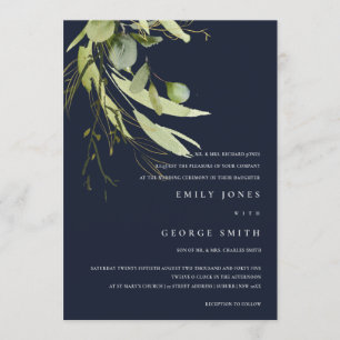 NAVY MINIMAL LÖV GRÖNT FOLIAGE WATERCOLOR BRÖLLOP INBJUDNINGAR