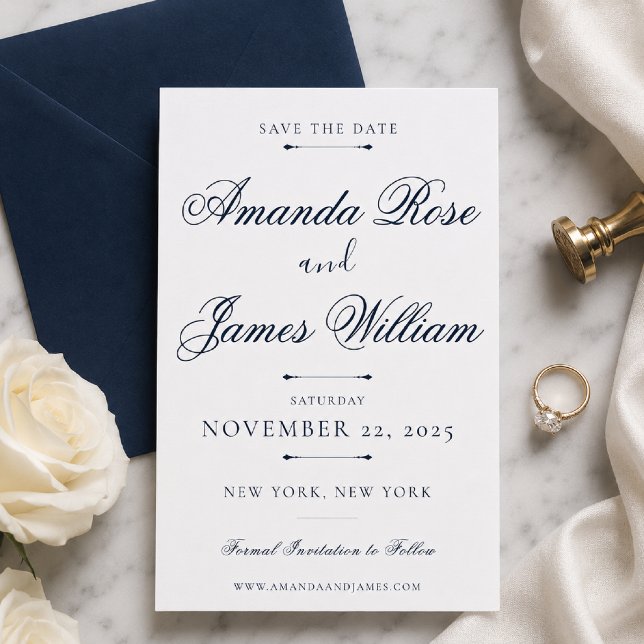 Navy Minimal Lyx Bröllop Spara Datum Mall (Elegant navy Save the Date on marble with timeless luxury styling.)