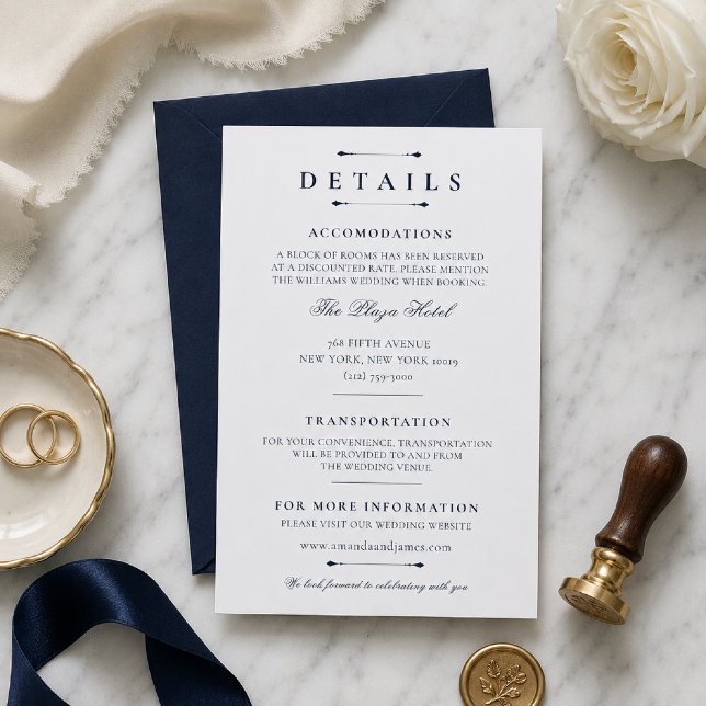 Navy Minimal Lyx Bröllopsinformationskort Mall (Elegant navy wedding details card with timeless luxury styling.)