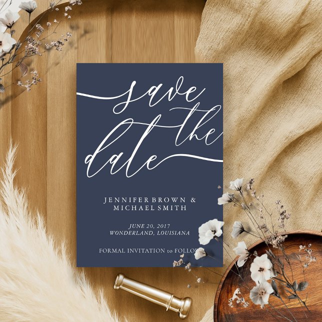 Navy Minimalism Bröllop Anpassad Foto Kalligrafi Spara Datumet (Skapare uppladdad)