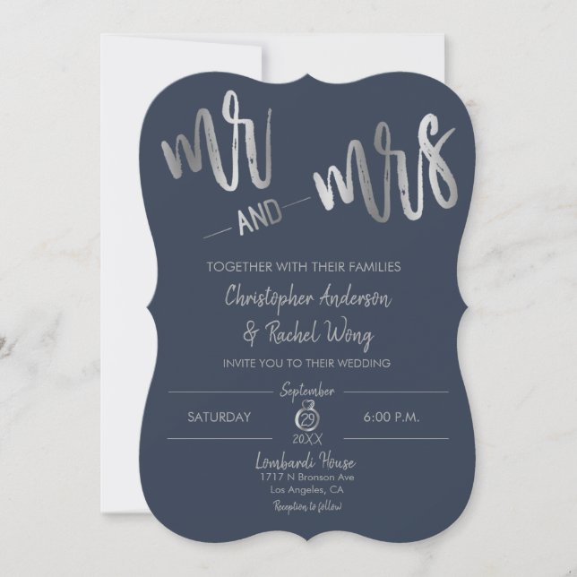 Navy Minimalist Silver Foil Script Mr. Bröllop Inbjudningar (Framsida)