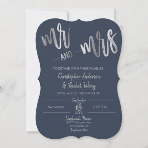 Navy Minimalist Silver Foil Script Mr. Bröllop Inbjudningar