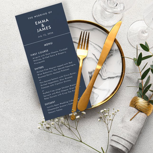 Navy Minimalistisk Bröllopsmeny | QR | Elegant Meny (Reverse navy menu with timeless modern type for a clean, elegant style plus QR code for details.)