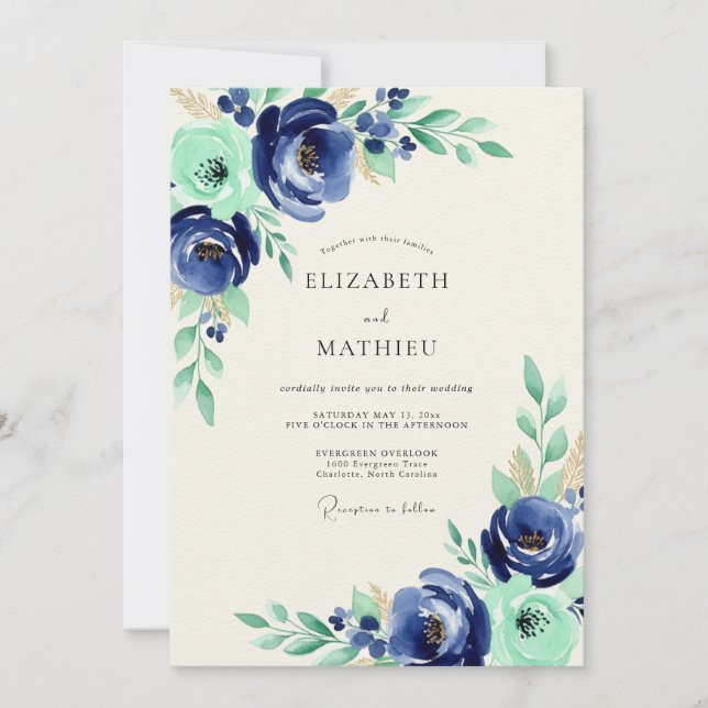 Navy Mint Botanical Bliss Wedding Inbjudningar (Framsida)