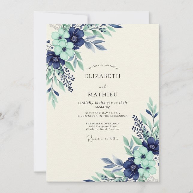 Navy Mint Serene Botanical Wedding Inbjudningar (Framsida)