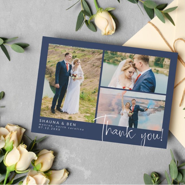 Navy Modern Bröllop 3 Photo Collage Tack Kort (Skapare uppladdad)