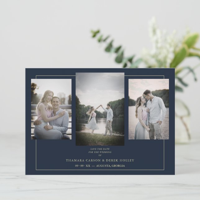 Navy Modern Gold 3 Photos Sophisticated Wedding (Stående Fram)