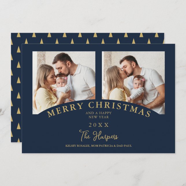 Navy Modern Luxury Chic Christmas 2 Photos Family Inbjudningar (Fram/baksida)
