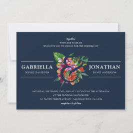 Navy Modern Tropical Bouquet Bröllop Inbjudningar