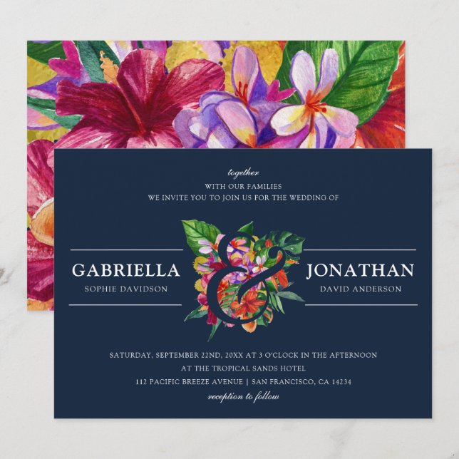 Navy Modern Tropical Bouquet Bröllop Inbjudningar (Fram/baksida)