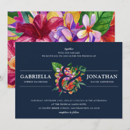 Navy Modern Tropical Bouquet Bröllop Inbjudningar