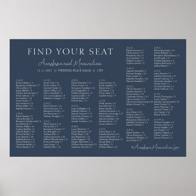 Navy Modern Wedding Alphabetical Seating Chart Poster (Framsidan)