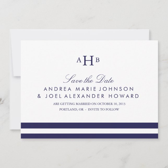 Navy Monogram Bröllop Save the Date Spara Datumet (Framsida)