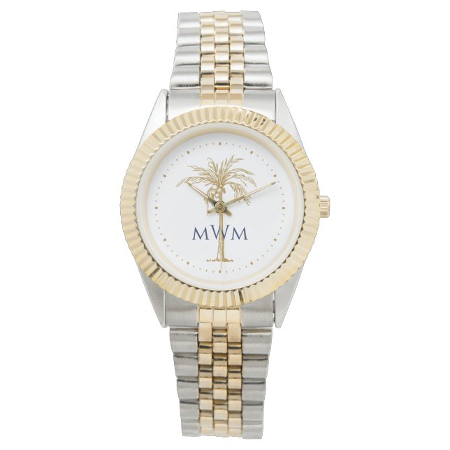 Navy Monogram Konstnärlig Guld Palmträd Tropisk Armbandsur (Framsida)