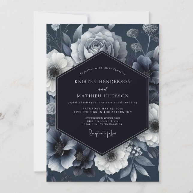 Navy Moody Blommig Elegans Bröllop Inbjudningar (Framsida)