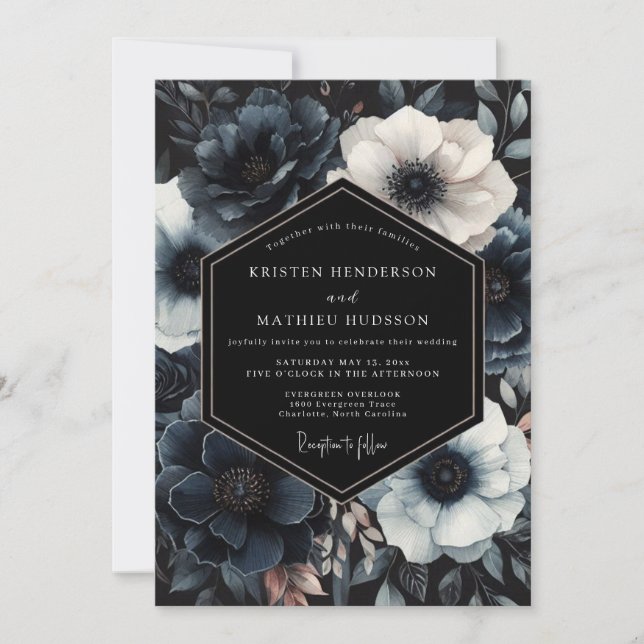 Navy Moody Bloom Wedding Inbjudningar (Framsida)