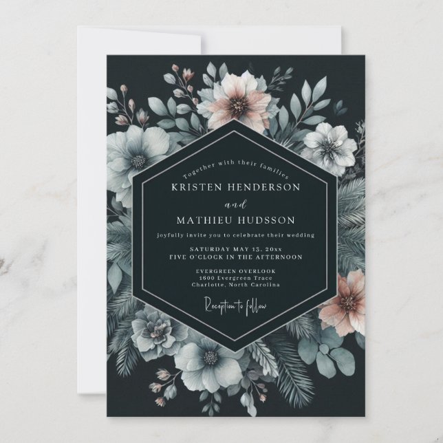 Navy Moody Bloom Wedding Inbjudningar (Framsida)