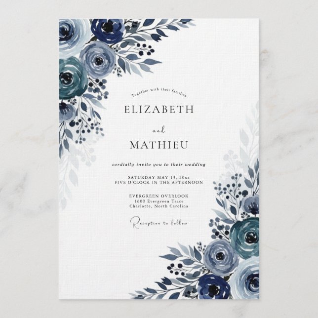 Navy Moody Bloom Wedding Inbjudningar (Framsida)