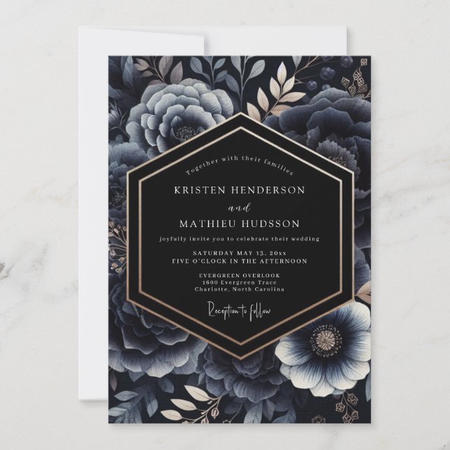 Navy Moody Botanisk Bröllop Inbjudningar (Framsida)