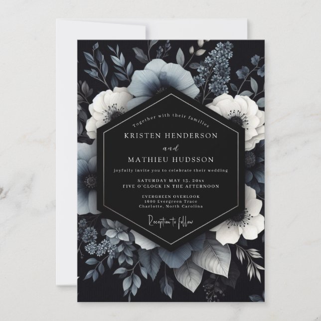 Navy Moody Floral Bröllop Inbjudningar (Framsida)