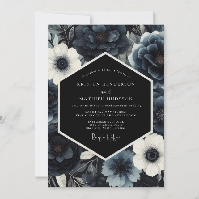 Navy Moody Floral Nocturne Wedding Inbjudningar (Framsida)