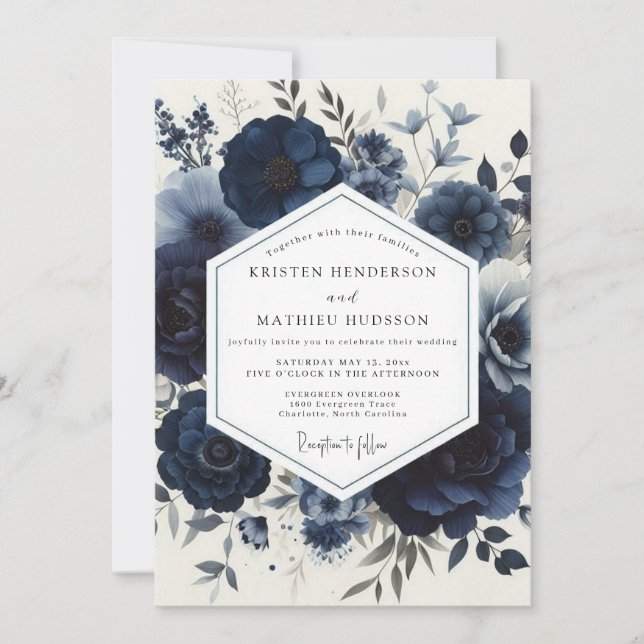 Navy Moody Floral Wedding Inbjudningar (Framsida)