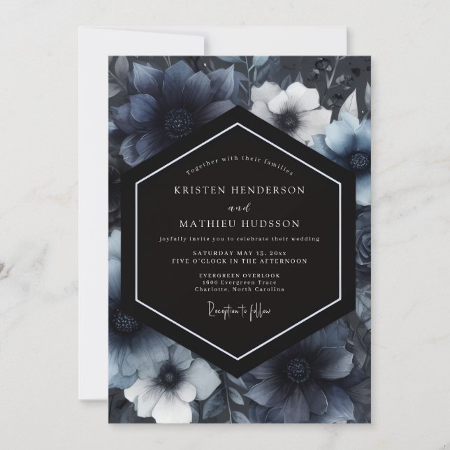 Navy Moody Floral Whimsy Wedding Inbjudningar (Framsida)