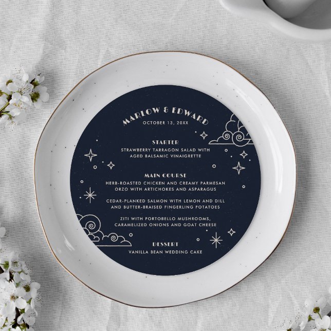 Navy Moon & Stars Celestial Bröllopsmeny Kort (Skapare uppladdad)