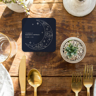 Navy Moon & Stars Celestial Bröllopsmottagning Underlägg Papper Kvadrat