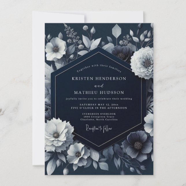 Navy Nattlig Blommig Bröllop Inbjudningar (Framsida)