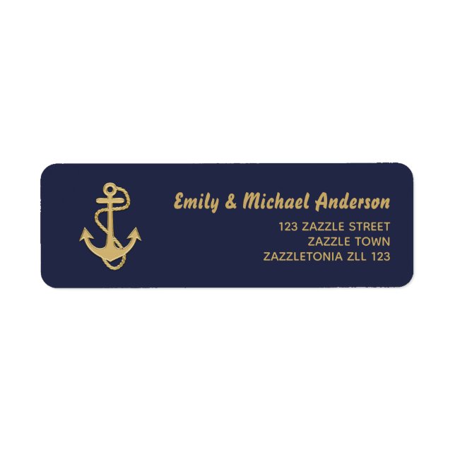 Navy Nautical Adressetiketter Guld Anchor Blue Returadress Etikett (Framsidan)
