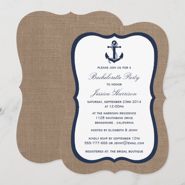 Navy Nautical Anchor on Burlap Bachelorette Party Inbjudningar (Fram/baksida)