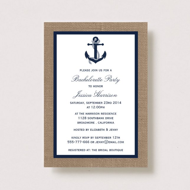 Navy Nautical Anchor on Burlap Bachelorette Party Inbjudningar (Skapare uppladdad)