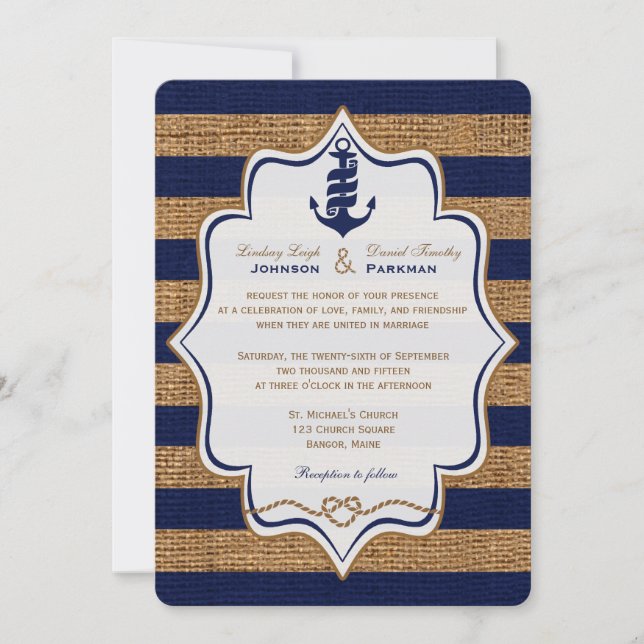 Navy Nautical, FAUX Burlap Rand bröllopsinbjudan Inbjudningar (Framsida)
