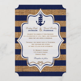 Navy Nautical, FAUX Burlap Rand bröllopsinbjudan Inbjudningar