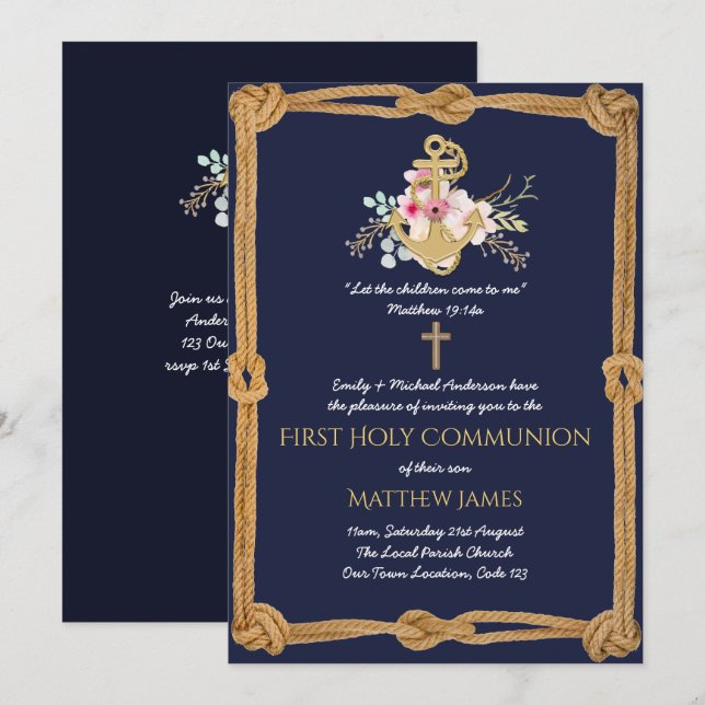 Navy Nautical First Communion Boy Girl-inbjudninga Inbjudningar (Fram/baksida)