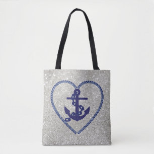 Navy Nautical Heart Anchor Silver Faux Glitter Tygkasse