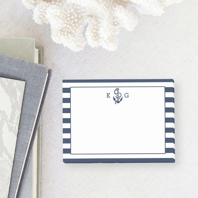 Navy Nautical Preppy Rand & Anchor Monogram Post-it Block (Skapare uppladdad)
