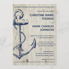 Navy Nautical Sketch Anchor Rustic Bröllop Inbjudningar